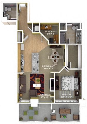 Floor plan for 1 bed, 1 bath, 1189 sqft